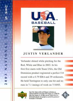 2003 Upper Deck USA Baseball National Team #USA 5 Justin Verlander Back