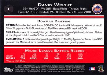2009 Bowman #1 David Wright Back