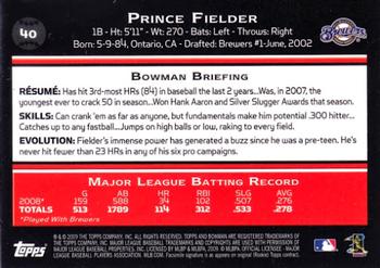 2009 Bowman #40 Prince Fielder Back