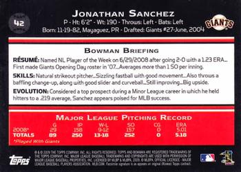 2009 Bowman #42 Jonathan Sanchez Back