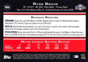 2009 Bowman #44 Ryan Braun Back