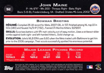 2009 Bowman #92 John Maine Back