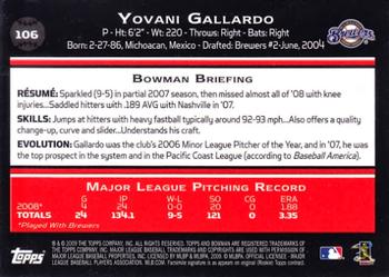 2009 Bowman #106 Yovani Gallardo Back