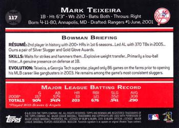 2009 Bowman #117 Mark Teixeira Back