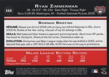 2009 Bowman #152 Ryan Zimmerman Back