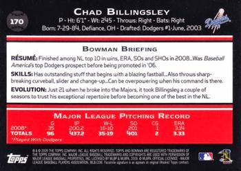 2009 Bowman #170 Chad Billingsley Back