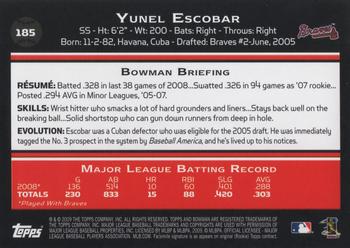 2009 Bowman #185 Yunel Escobar Back