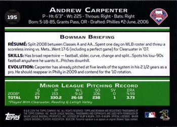 2009 Bowman #195 Andrew Carpenter Back