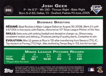 2009 Bowman #201 Josh Geer Back