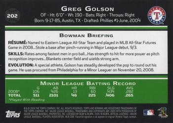 2009 Bowman #202 Greg Golson Back