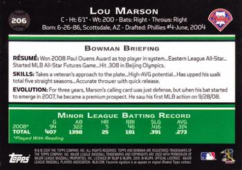 2009 Bowman #206 Lou Marson Back