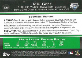 2009 Bowman #229 Josh Geer Back