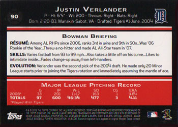 2009 Bowman #90 Justin Verlander Back