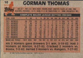 1983 Topps #10 Gorman Thomas Back