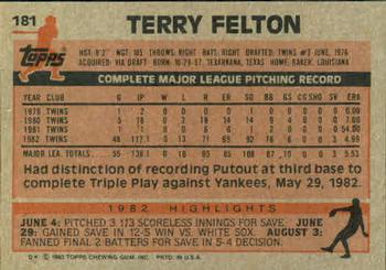 1983 Topps #181 Terry Felton Back