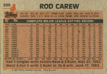 1983 Topps #200 Rod Carew Back