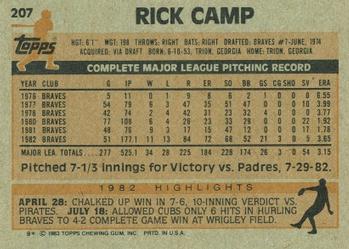 1983 Topps #207 Rick Camp Back