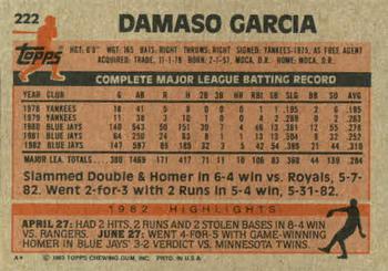 1983 Topps #222 Damaso Garcia Back