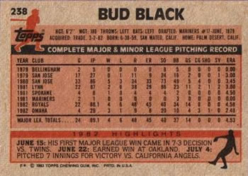 1983 Topps #238 Bud Black Back