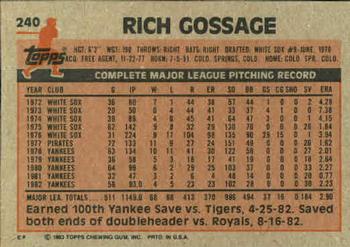 1983 Topps #240 Rich Gossage Back