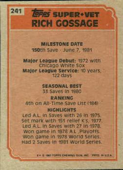 1983 Topps #241 Rich Gossage Back