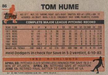 1983 Topps #86 Tom Hume Back