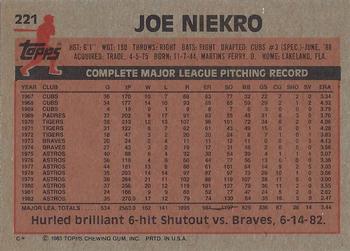 1983 Topps #221 Joe Niekro Back