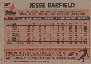 1983 Topps #257 Jesse Barfield Back