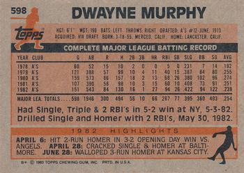 1983 Topps #598 Dwayne Murphy Back