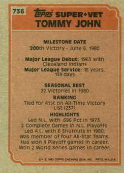 1983 Topps #736 Tommy John Back