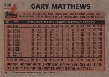 1983 Topps #780 Gary Matthews Back