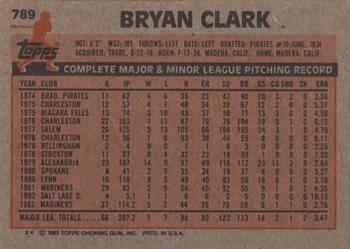 1983 Topps #789 Bryan Clark Back
