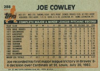 1983 Topps #288 Joe Cowley Back