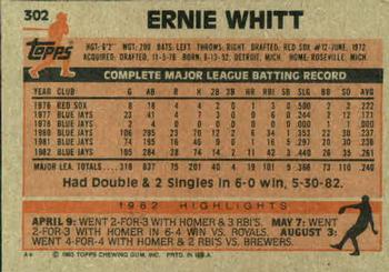 1983 Topps #302 Ernie Whitt Back