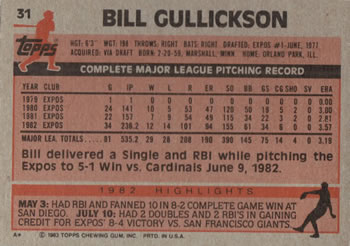 1983 Topps #31 Bill Gullickson Back