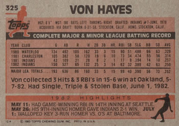 1983 Topps #325 Von Hayes Back