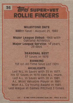 1983 Topps #36 Rollie Fingers Back