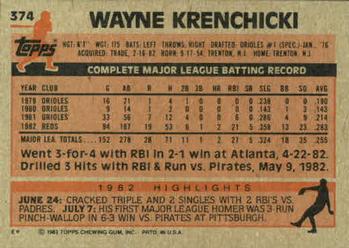 1983 Topps #374 Wayne Krenchicki Back