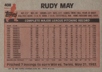 1983 Topps #408 Rudy May Back
