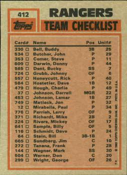 1983 Topps #412 Rangers Leaders / Checklist (Buddy Bell / Charlie Hough) Back