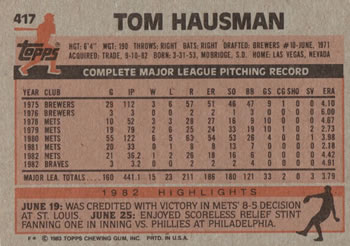 1983 Topps #417 Tom Hausman Back