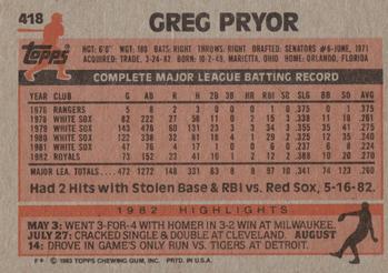 1983 Topps #418 Greg Pryor Back