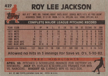 1983 Topps #427 Roy Lee Jackson Back