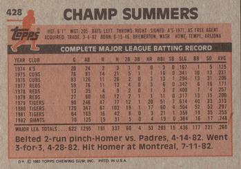 1983 Topps #428 Champ Summers Back