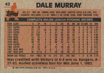 1983 Topps #42 Dale Murray Back