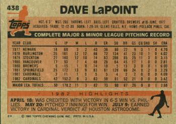 1983 Topps #438 Dave LaPoint Back