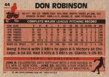 1983 Topps #44 Don Robinson Back