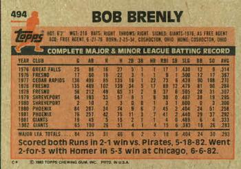 1983 Topps #494 Bob Brenly Back
