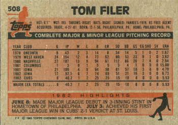 1983 Topps #508 Tom Filer Back