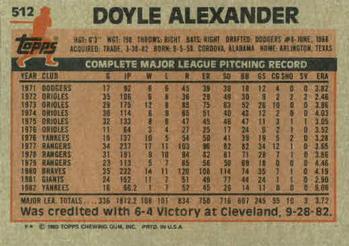 1983 Topps #512 Doyle Alexander Back
